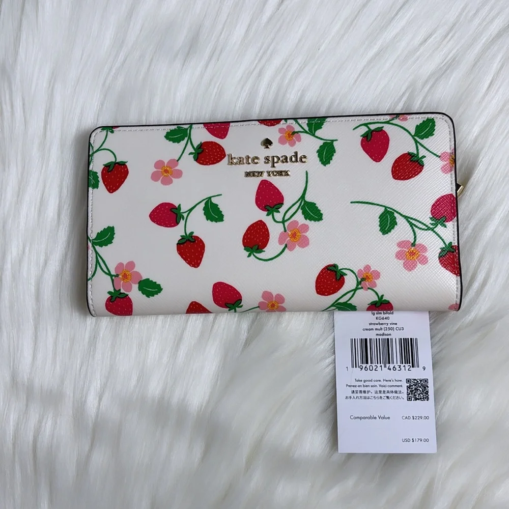 NWT💃Kate Spade Madison Strawberry Vine Large Slim Bifold Wallet - Picture 7 of 7